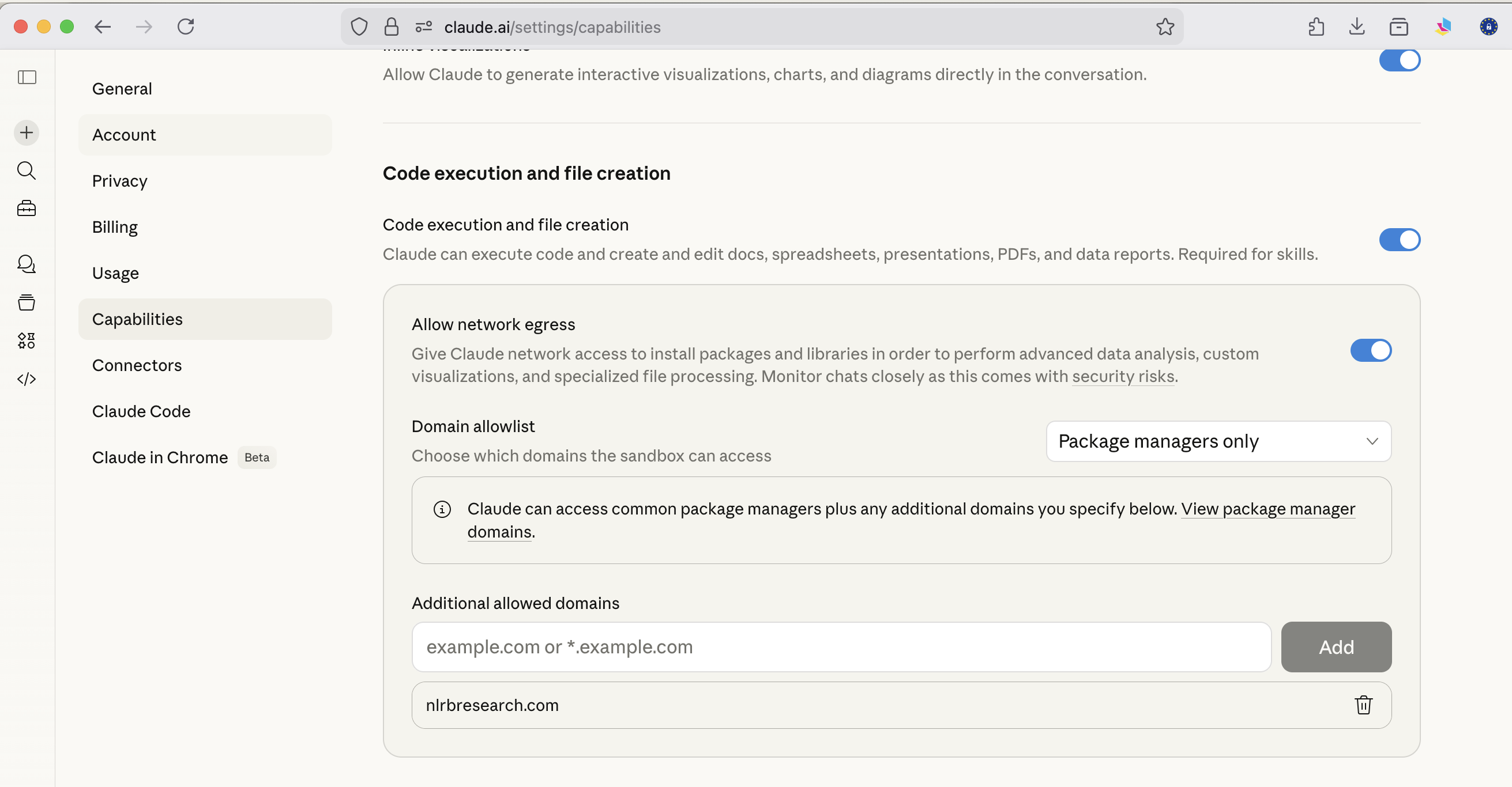 Settings page with nlrbresearch.com added to allowed domains
