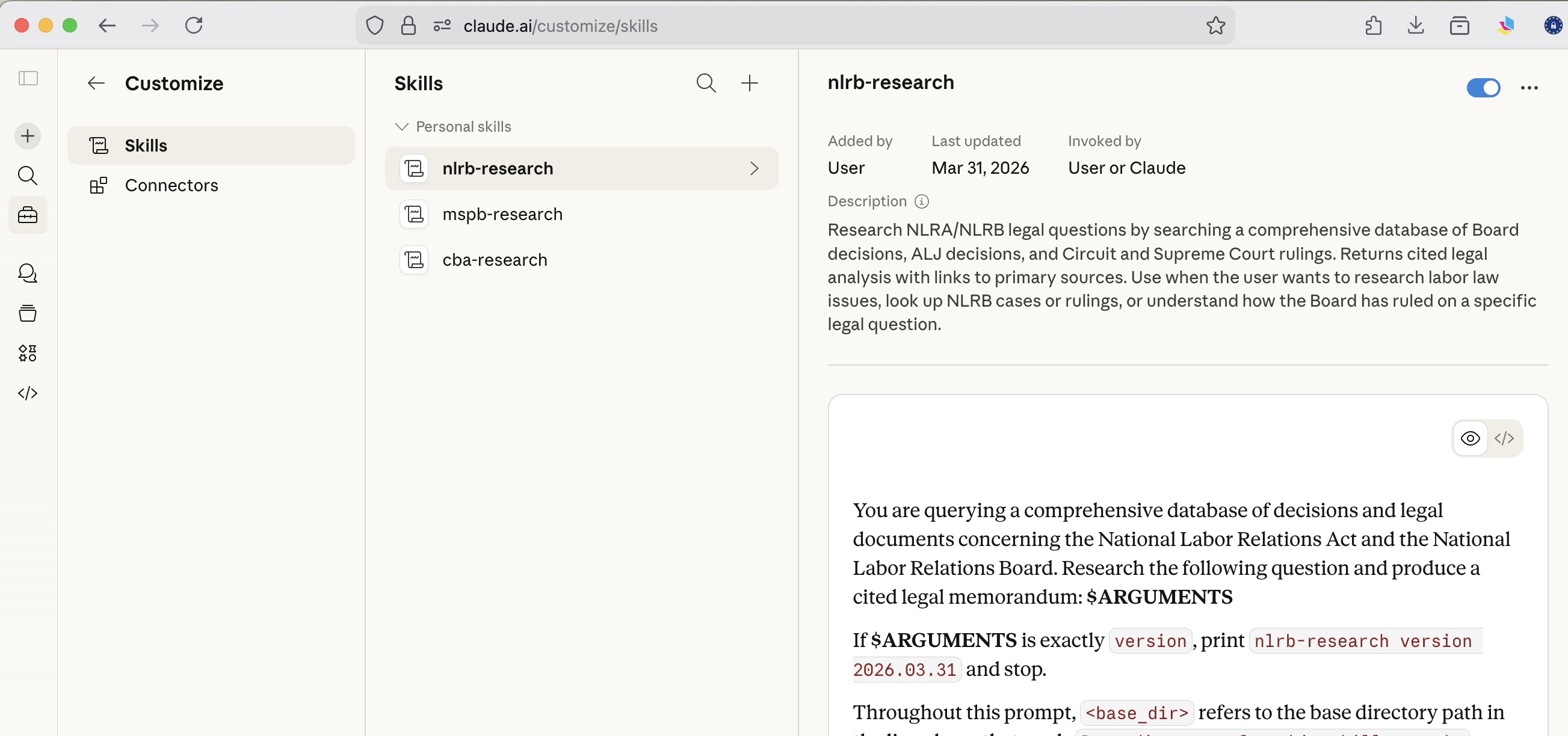 Skills panel showing nlrb-research, mspb-research, cba-research, and lmrda-research installed