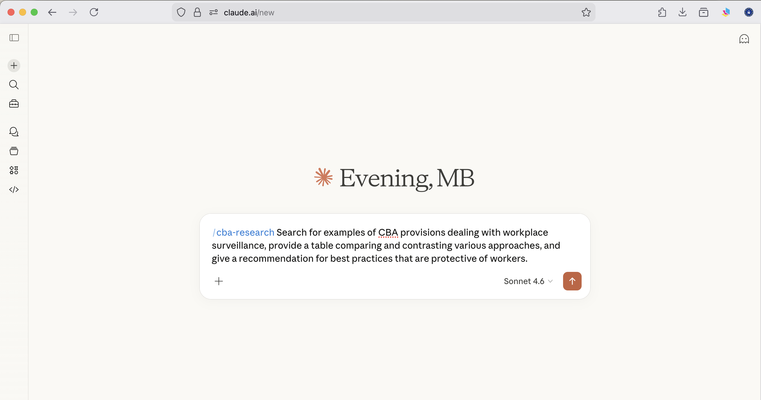 Typing a /cba-research query in Claude
